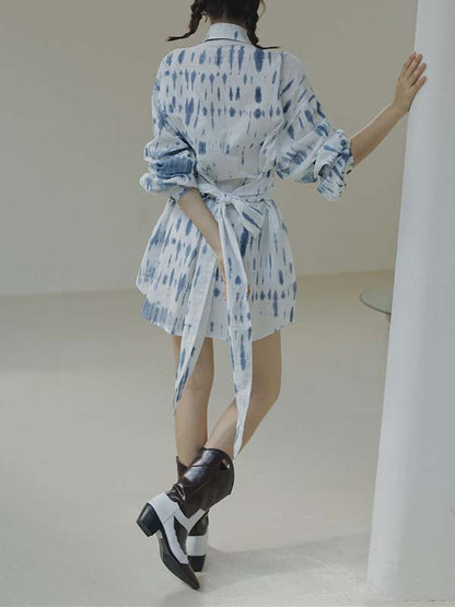 Original Loose Long Sleeves Buttoned Contrast Color Printed Lapel Collar Mini Dresses