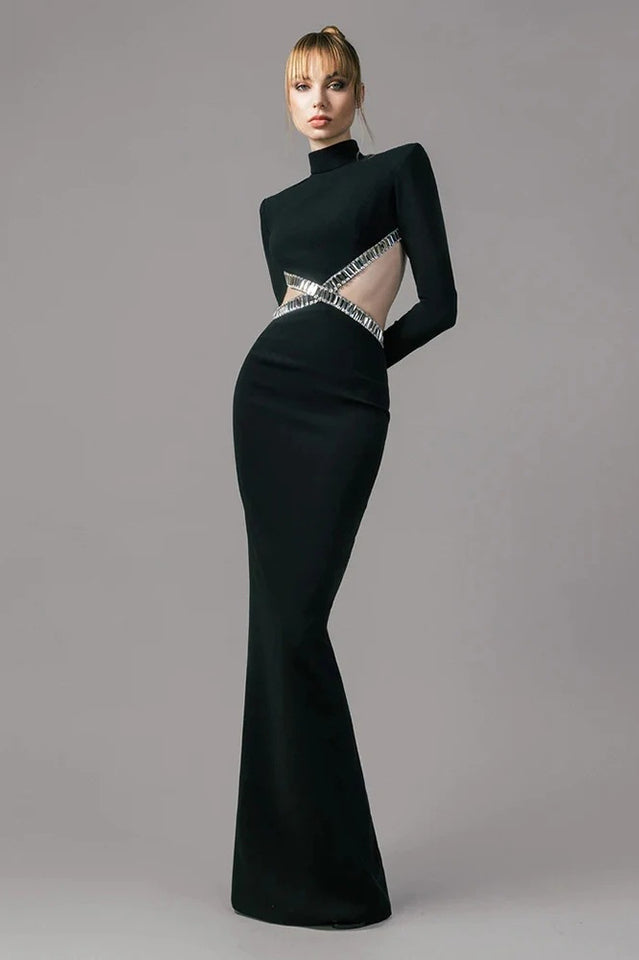 Mock Neck Crystal Trim Waist Cutout Long Sleeve Mermaid Maxi Dress