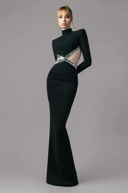 Mock Neck Crystal Trim Waist Cutout Long Sleeve Mermaid Maxi Dress