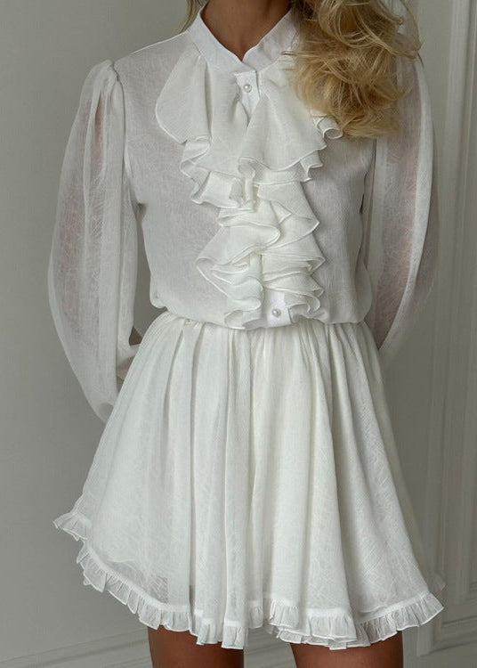 High Neck Ruffle Button Front Lantern Sleeve Mini Dress