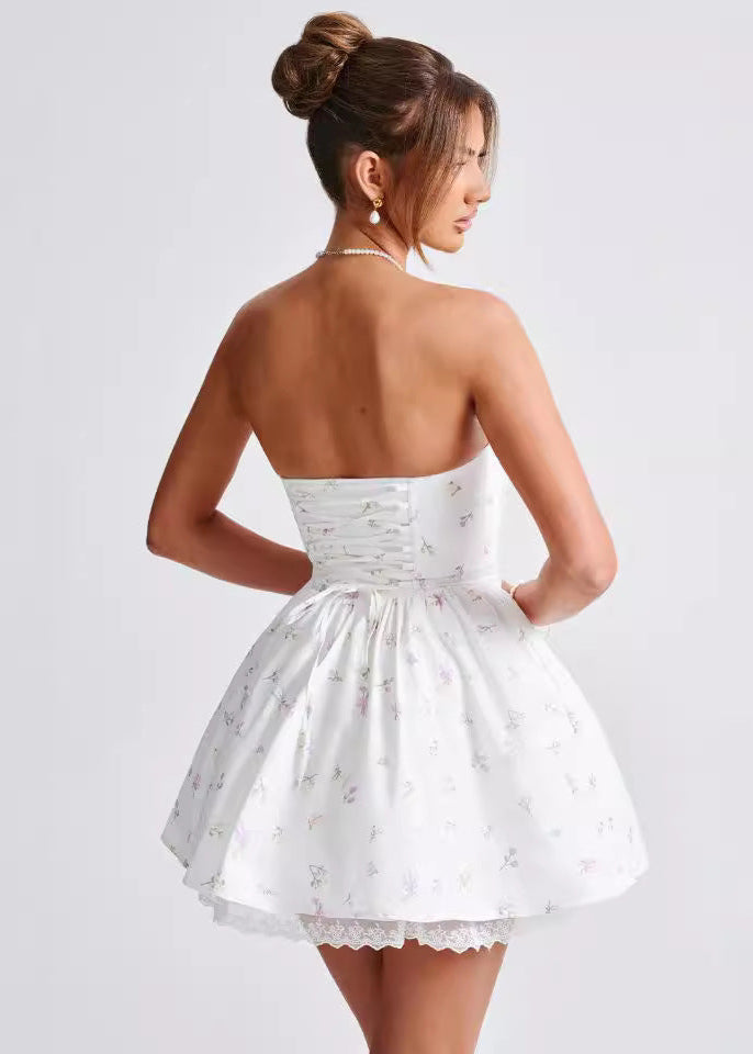 Strapless Corset Lace Trim Ditsy Floral Fit and Flare Mini Dress