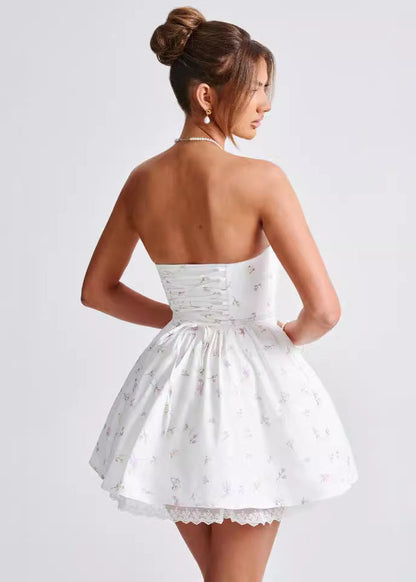 Strapless Corset Lace Trim Ditsy Floral Fit and Flare Mini Dress