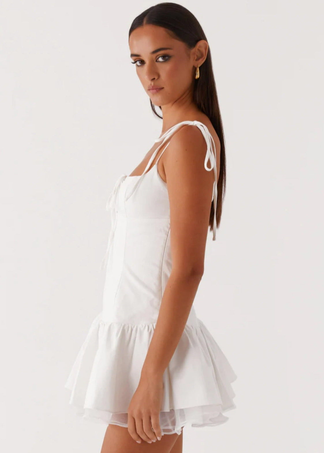 Square Neck Tie Shoulder Keyhole Ruffle Tiered Hem Mini Dress
