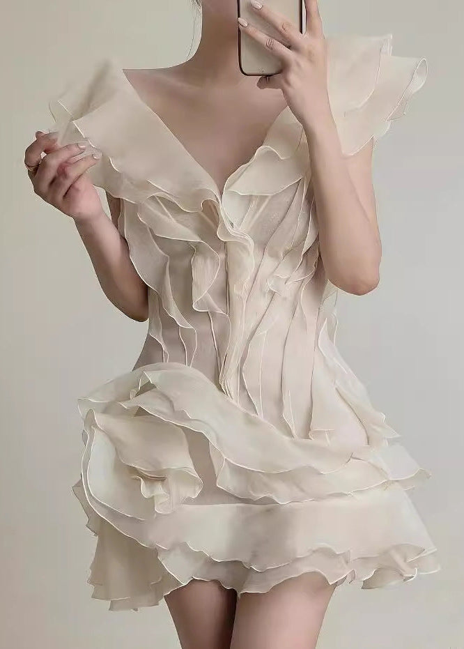 Deep V Neck Tiered Organza Ruffle Overlay Fit and Flare Mini Dress