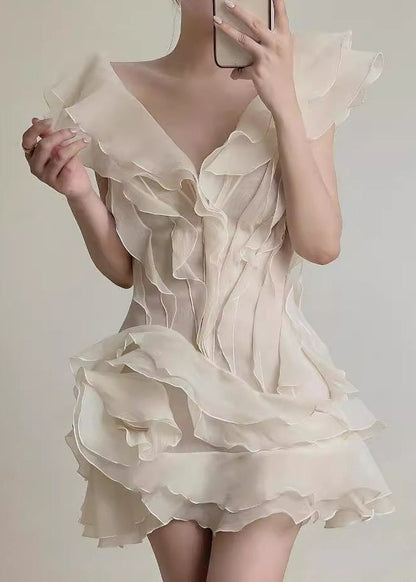 Deep V Neck Tiered Organza Ruffle Overlay Fit and Flare Mini Dress