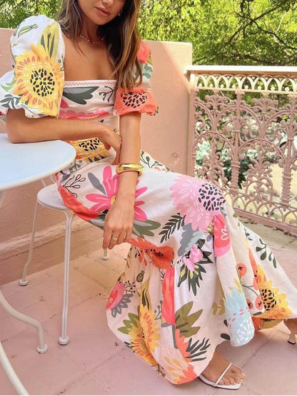 Botanical Floral Print Square Neck Puff Sleeve Tiered Ruffle Maxi Dress