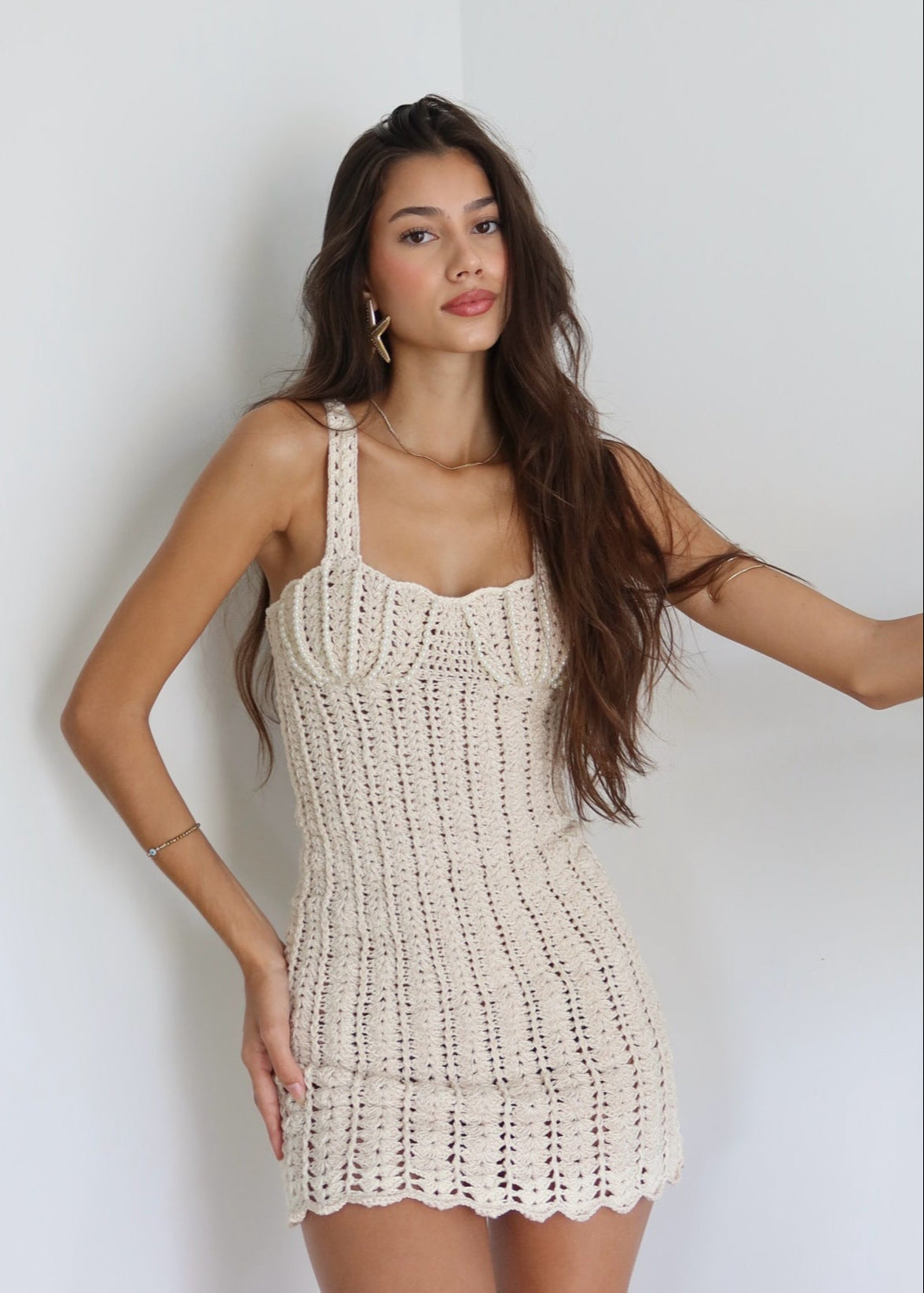 Bustier Pearl Trim Crochet Knit Scalloped Hem Bodycon Mini Dress