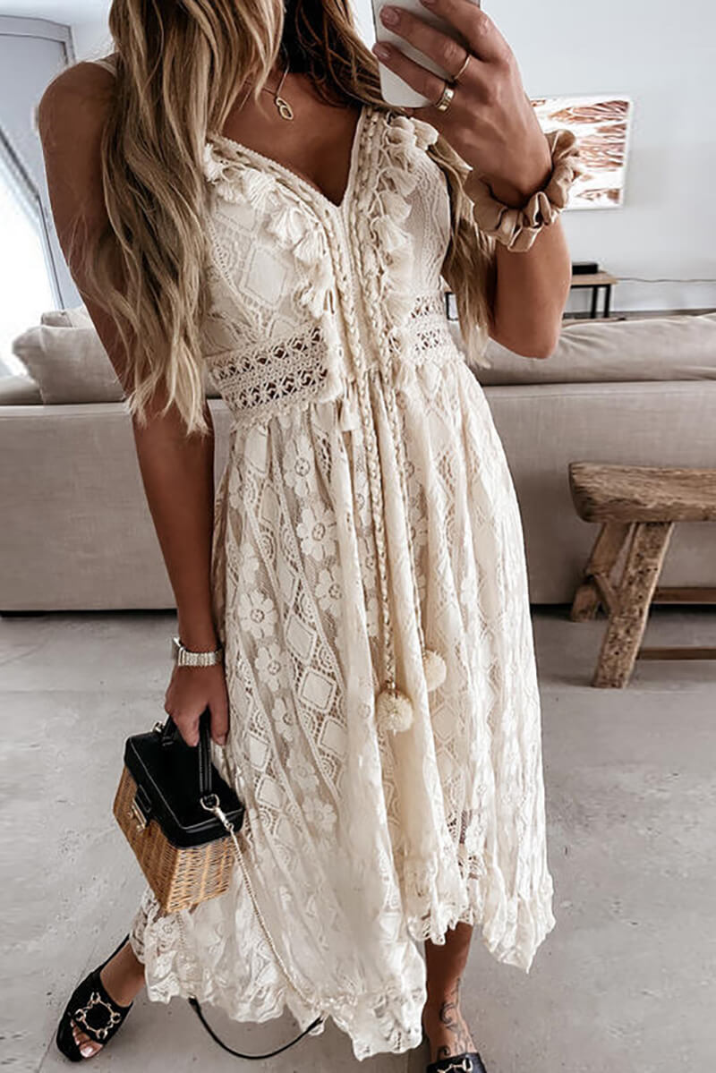 Floral Lace V-Neck Ruffle Trim Pom-Pom Tie Tiered Ruffled Hem Midi Dress
