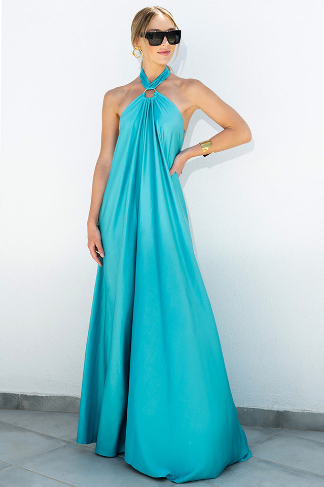 Halter Neck Metal Ring Gathered Pleat A-Line Maxi Dress