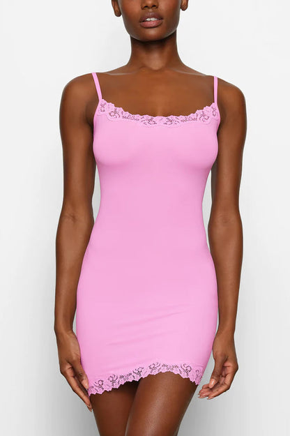 Scoop Neck Lace Trim Spaghetti Strap Bodycon Slip Mini Dress