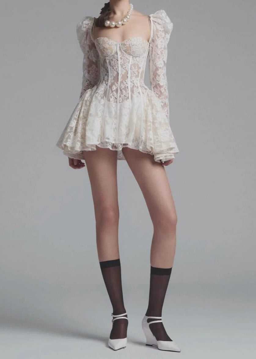 Sweetheart Lace Corset Puff Sleeve Off Shoulder Lace Mini Dress