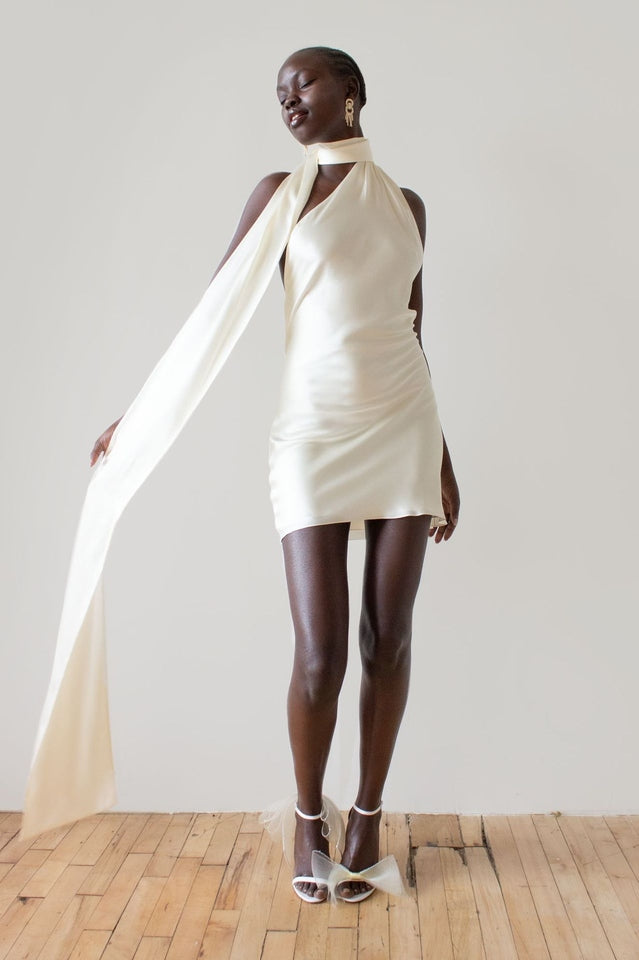 Halter Cowl Back Cross Strap Satin Mini Dress