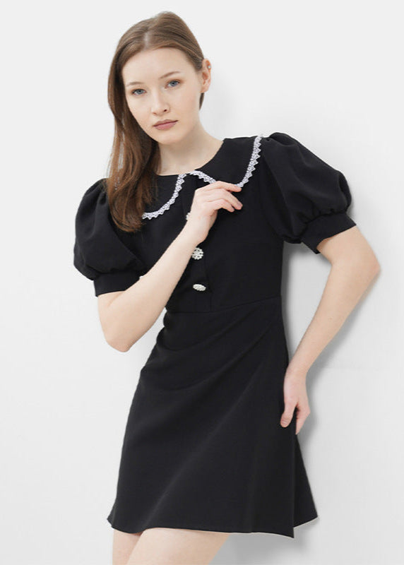 Peter Pan Collar Lace Trim Pearl Button Puff Sleeve Mini Dress
