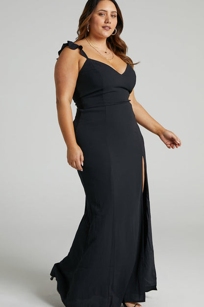 Deep V Neck Ruffle Strap Princess Seam High Slit Maxi Dress