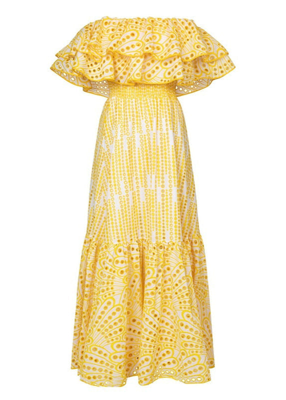 Off Shoulder Smocked Eyelet Embroidered Tiered Ruffle Maxi Dress