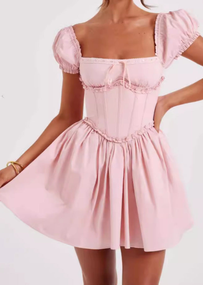 Off Shoulder Puff Sleeve Corset Boned Bodice Ruffle Trim Fit and Flare Mini Dress