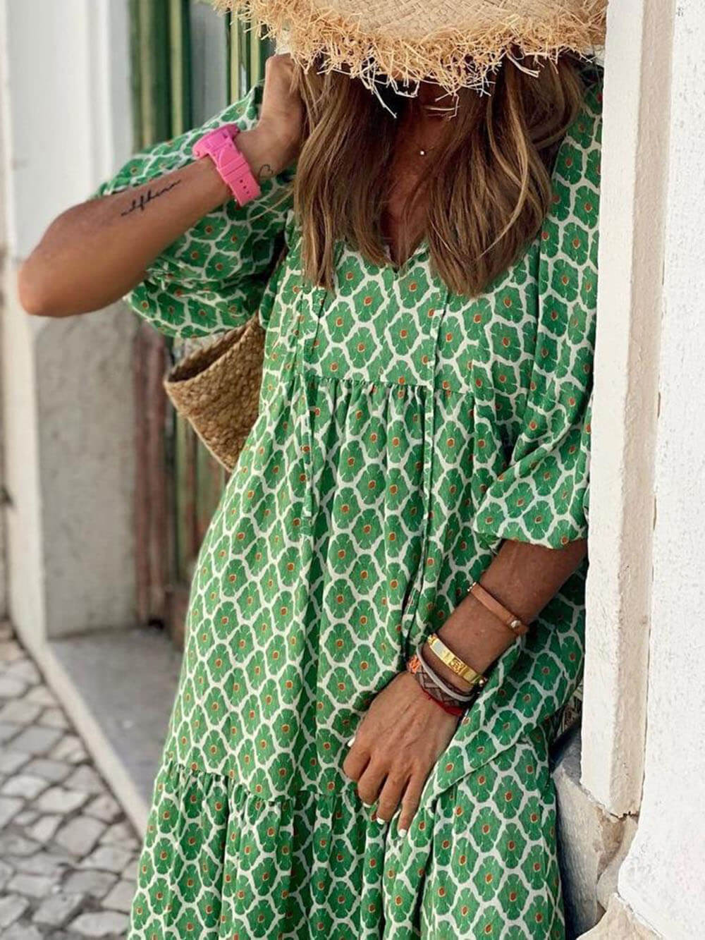 Deep V Neck Puff Sleeve Tiered Honeycomb Lattice Print Maxi Dress