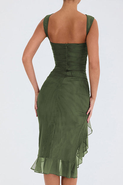 Crew Neck Ruched Mesh Bodycon Asymmetric Ruffle Hem Side Slit Midi Dress