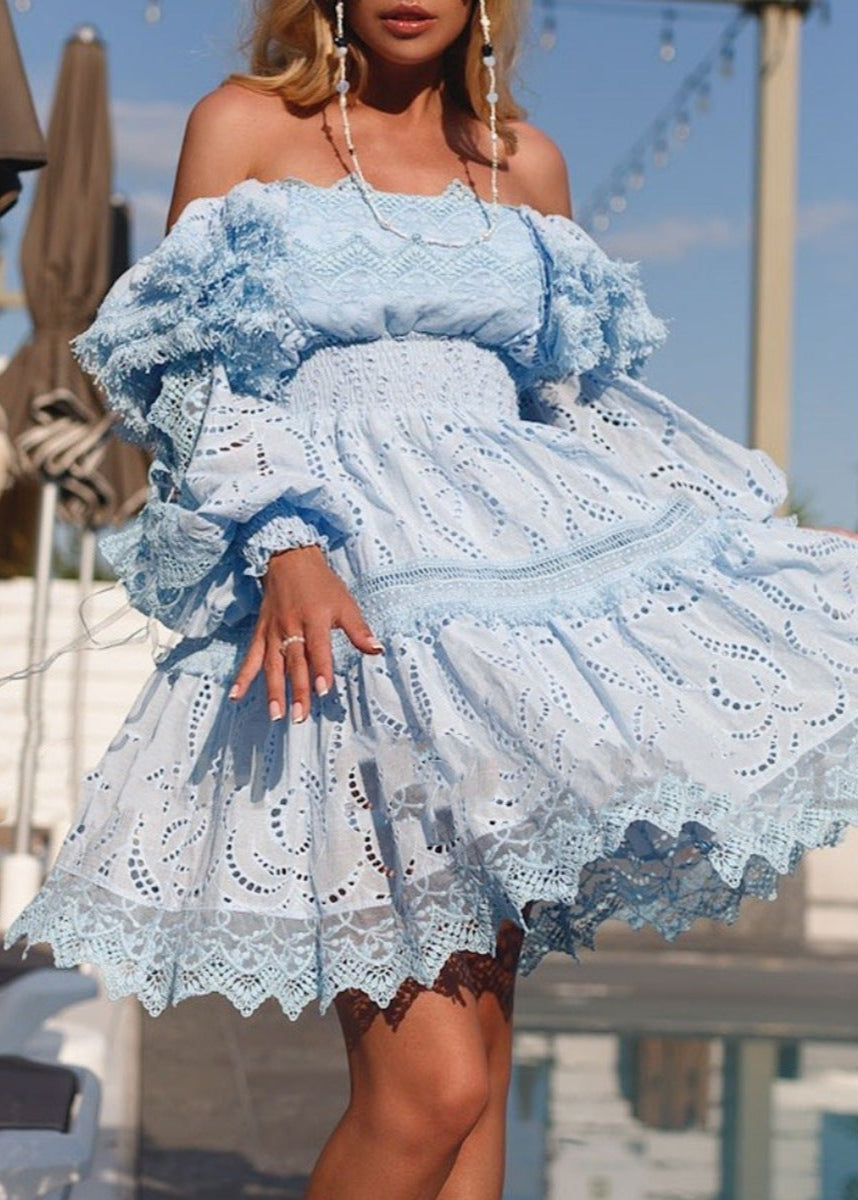 Seraphina Broderie Puff-Sleeve Dress Blue Smocked A-Line Mini