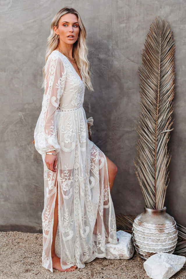 Deep V Neck Floral Lace Embroidered Long Sleeve Side Slit Maxi Dress