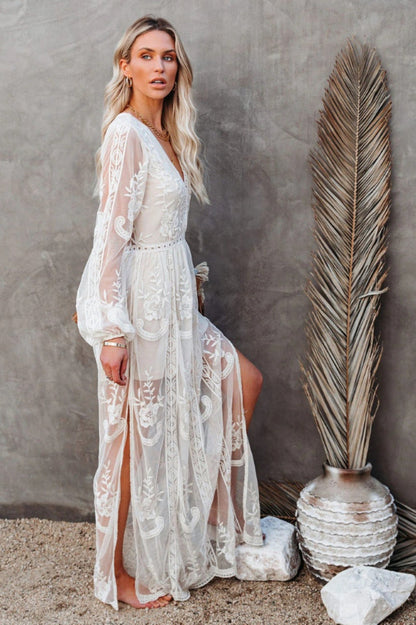 Deep V Neck Floral Lace Embroidered Long Sleeve Side Slit Maxi Dress