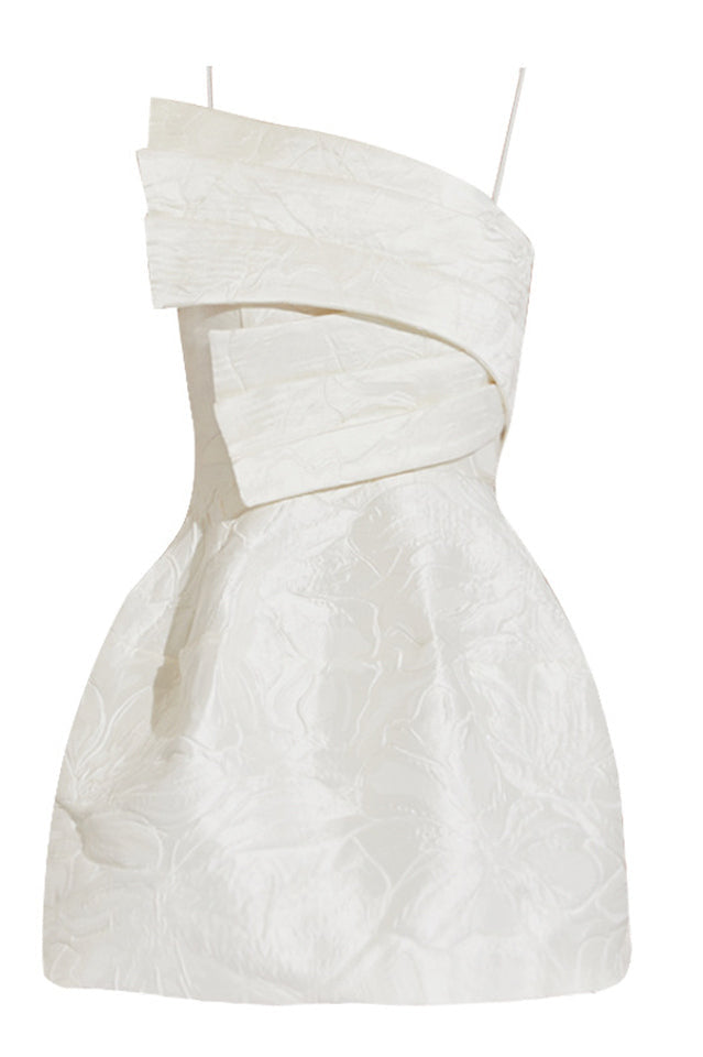 Jacquard Brocade Asymmetrical Pleated Overlay Spaghetti Strap Mini Dress