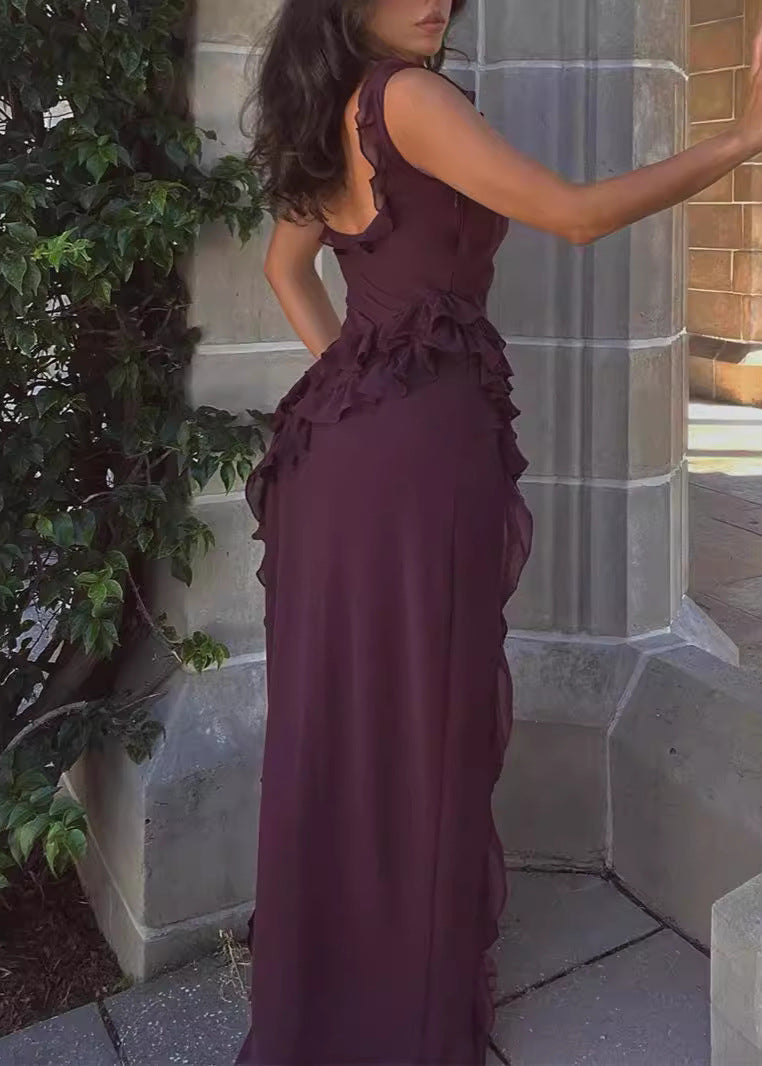 Square Neck Wide Strap Ruffle Trim Cascading Ruffle High Split Maxi Dress