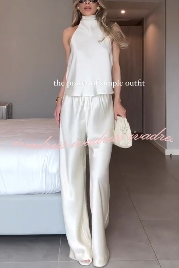 Modern Day Glam Satin Halter Tie-up Tank and Elastic Waist Wide Leg Pants Set