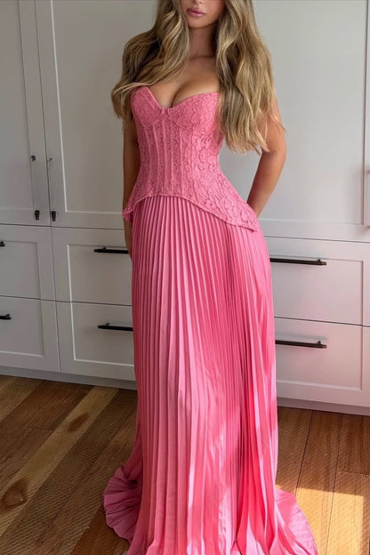 Lace Halter Plunging Sweetheart Accordion Pleat Chiffon Maxi Gown