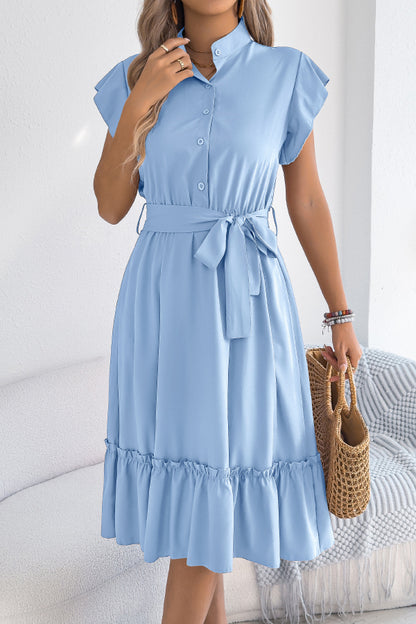 Solid Color Stand Collar Button Waist Tie Casual Midi Dress