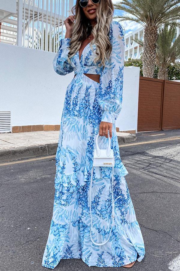 Botanical Leaf Print Deep V-Neck Side Cutout Puff Sleeve Tiered Maxi Dress