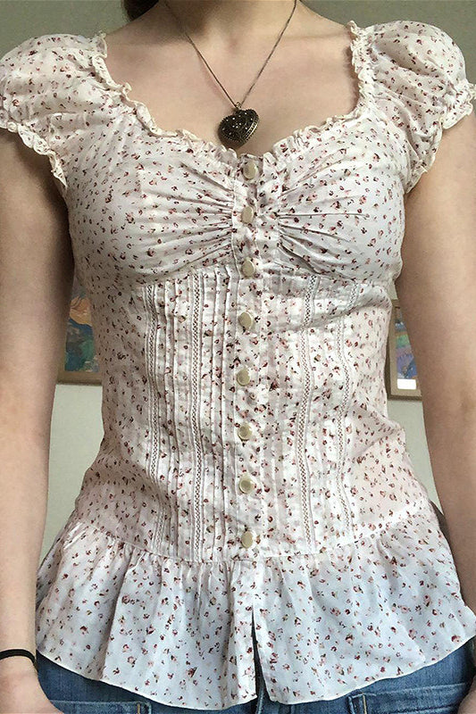 Vintage Floral Tie Buttoned Puff Sleeve Blouse