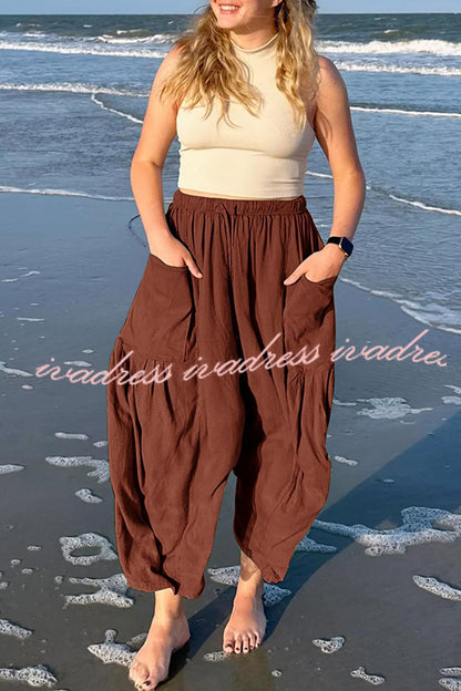 Diani Linen Blend Drawstring Waist Pocketed Loose Pants