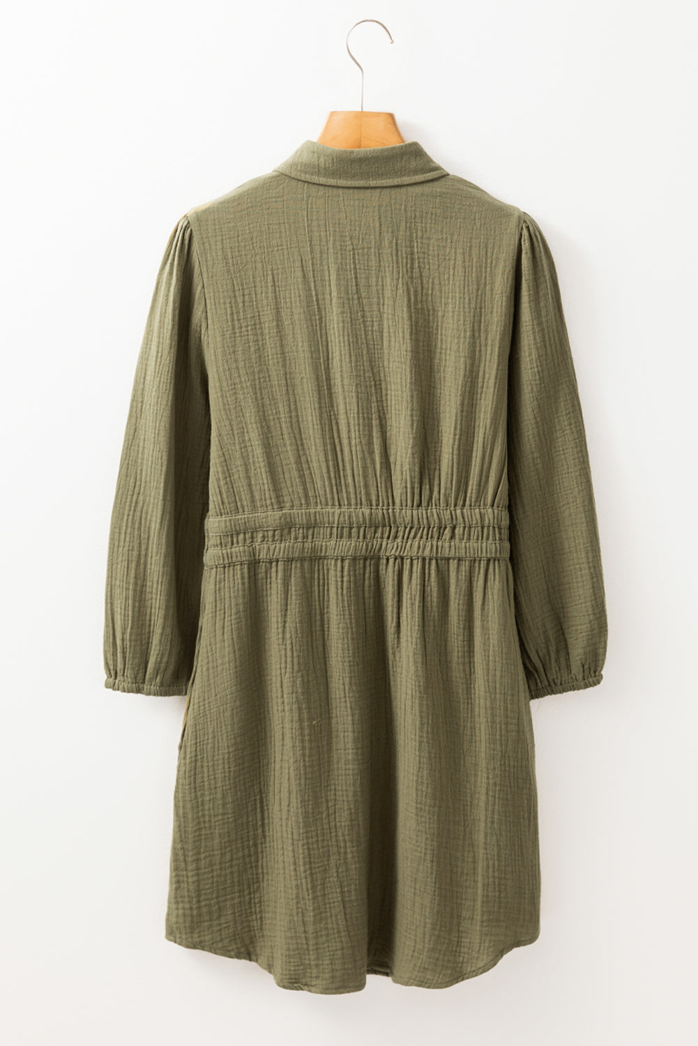 Crinkle Texture Collared Drawstring Waist Puff Sleeve Pocket Shirt Mini Dress
