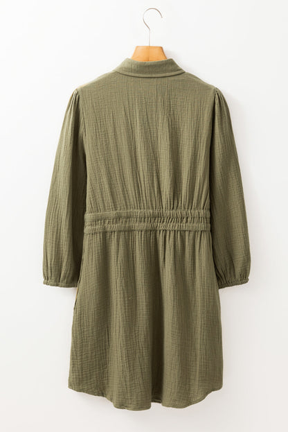 Crinkle Texture Collared Drawstring Waist Puff Sleeve Pocket Shirt Mini Dress