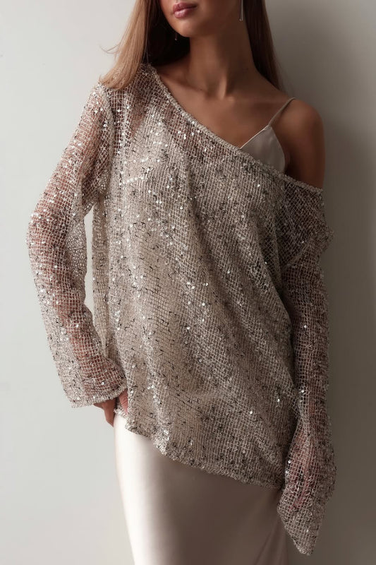 Fashionable Sequined Cutout Casual Long-sleeved Loose Cover-up Top