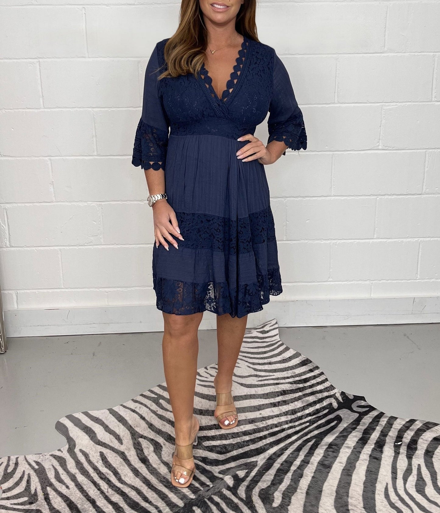 Lace V-Neck Bell Sleeve Tiered Scalloped Hem Midi Dress