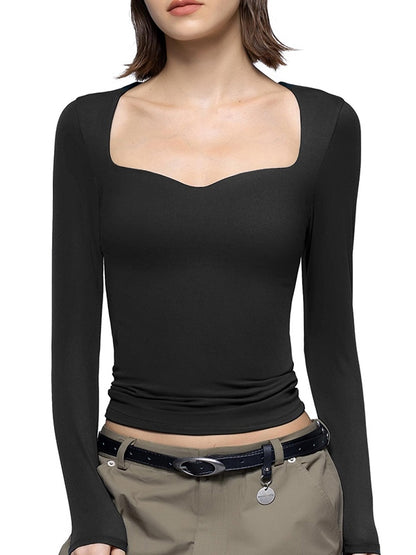 Solid Sweetheart Neck Slim Long Sleeve Tee