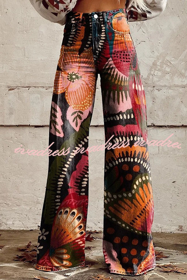 Beautiful Unique Print Button Pocket Wide Leg Pants