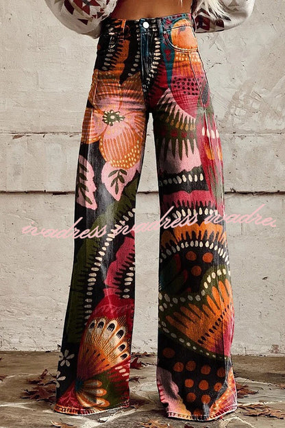 Beautiful Unique Print Button Pocket Wide Leg Pants