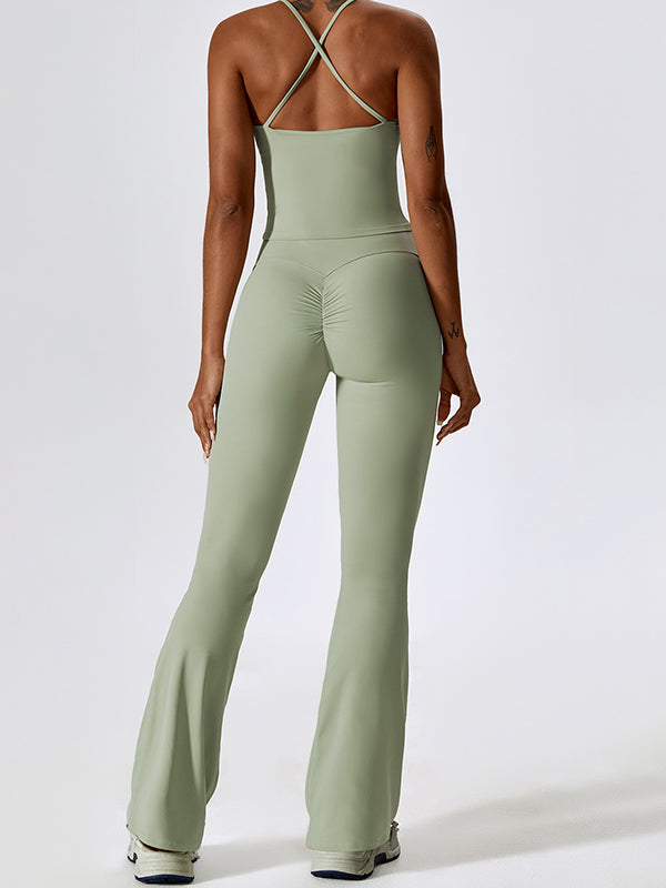 Sporty Solid Quick Dry Cami Top & Flared Pants Set