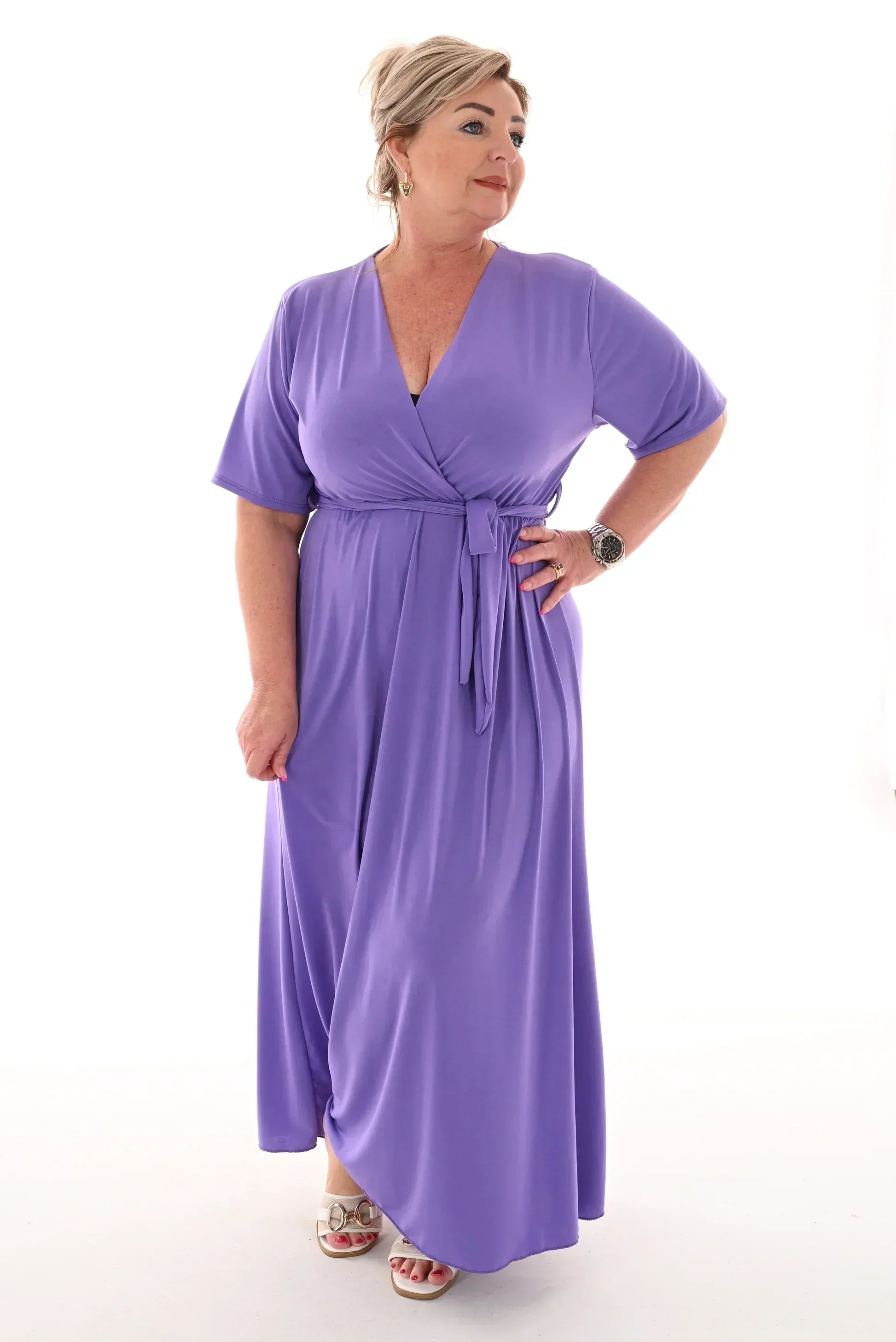 Wrap V-Neck Short Sleeve Self-Tie Belt Flowy A-Line Maxi Dress