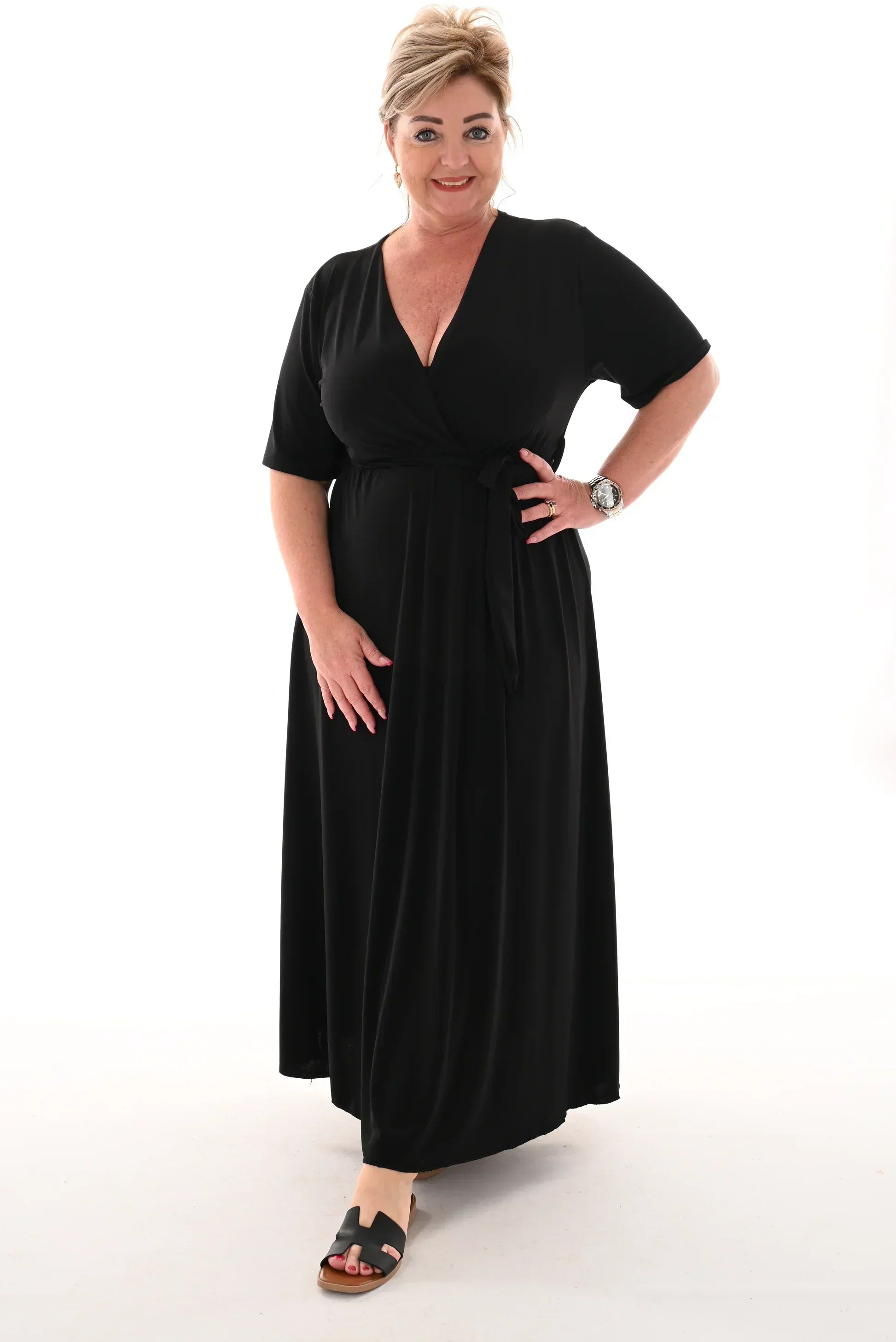 Wrap V-Neck Short Sleeve Self-Tie Belt Flowy A-Line Maxi Dress