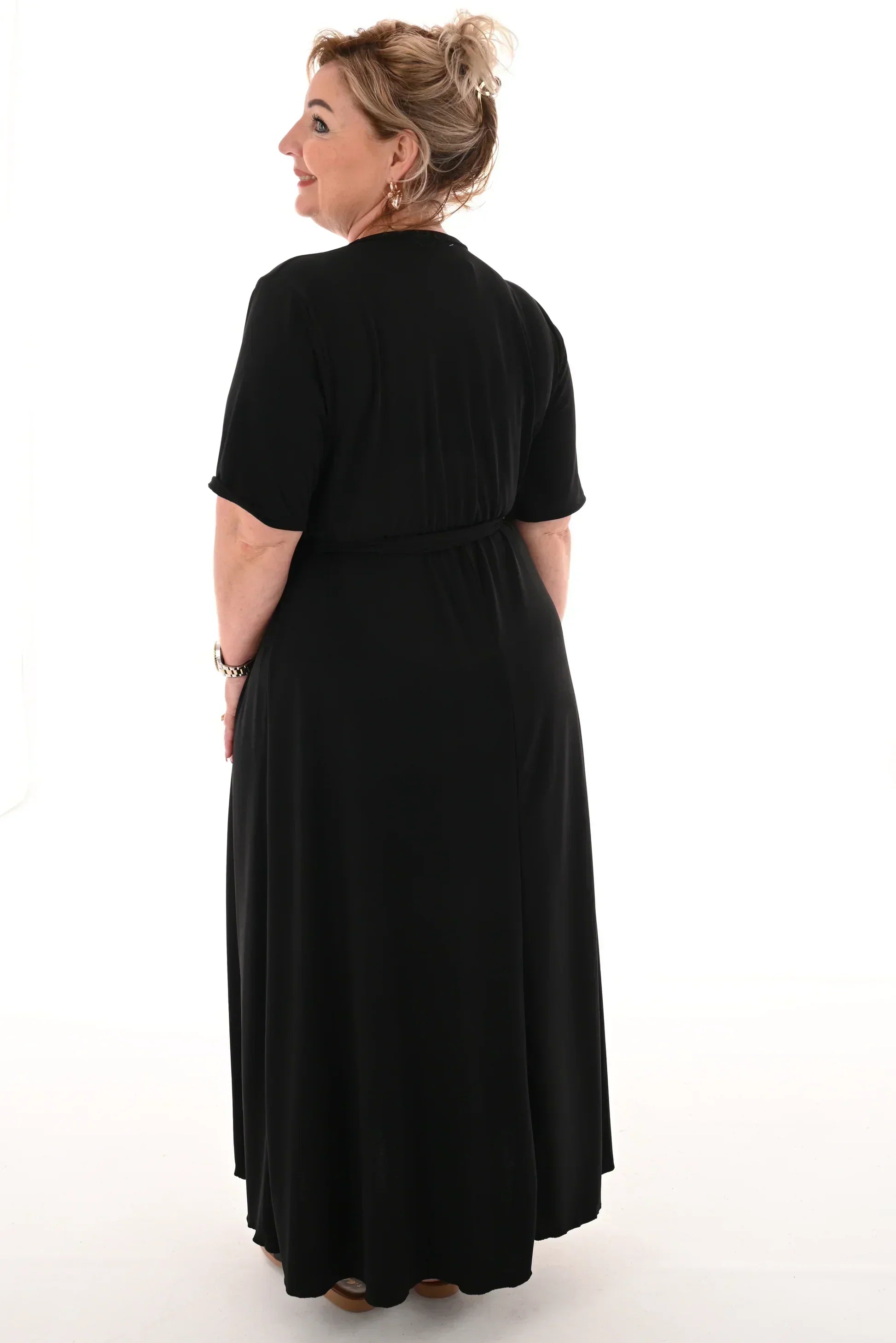 Wrap V-Neck Short Sleeve Self-Tie Belt Flowy A-Line Maxi Dress