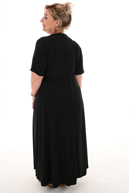 Wrap V-Neck Short Sleeve Self-Tie Belt Flowy A-Line Maxi Dress