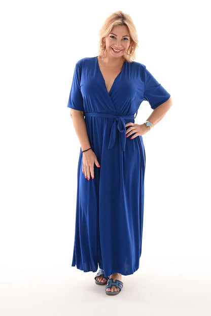 Wrap V-Neck Short Sleeve Self-Tie Belt Flowy A-Line Maxi Dress