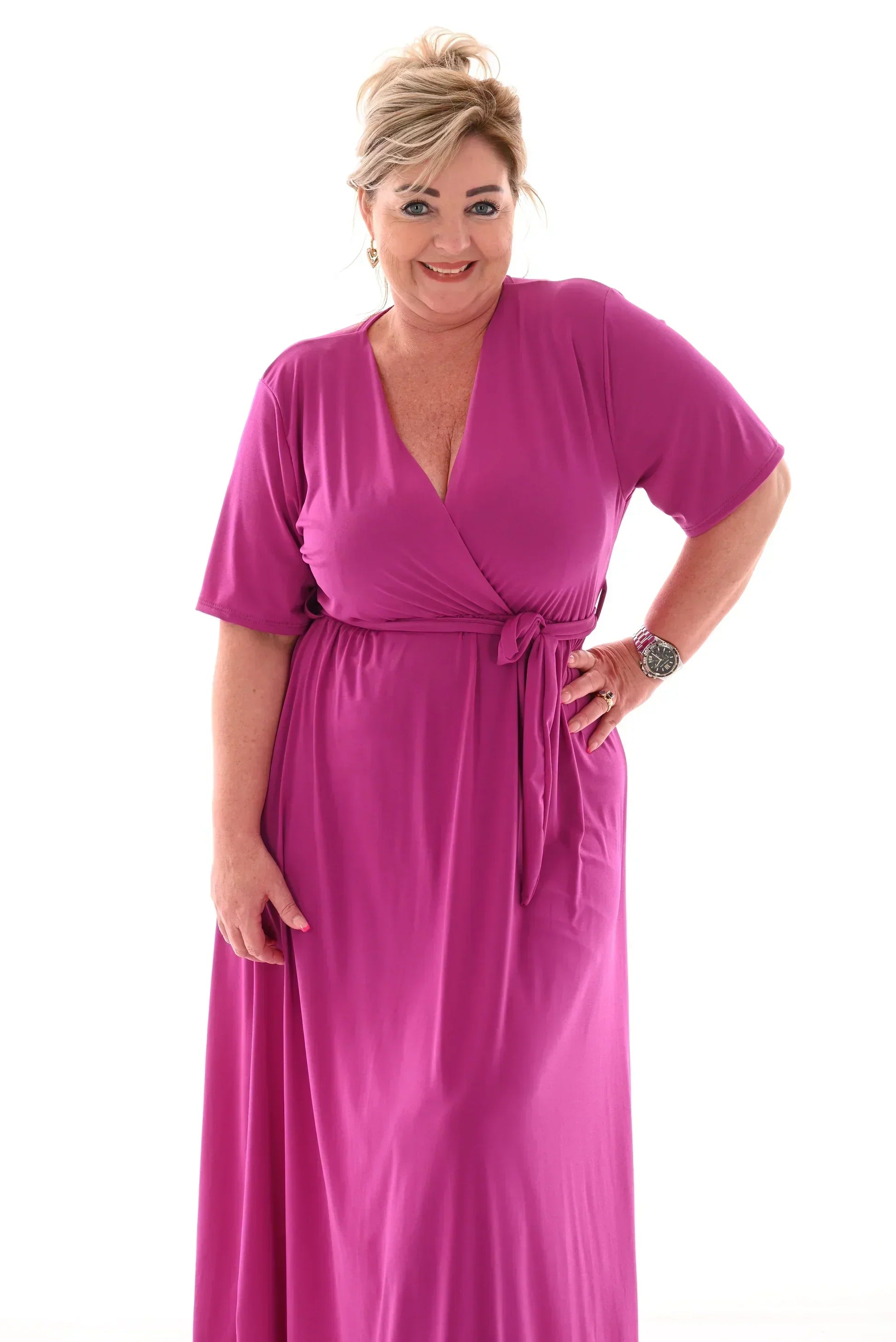 Wrap V-Neck Short Sleeve Self-Tie Belt Flowy A-Line Maxi Dress