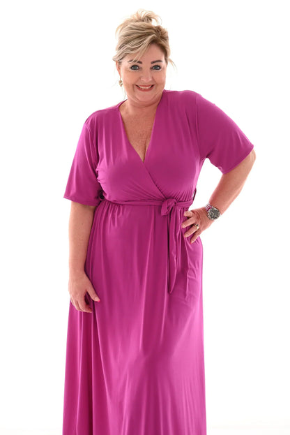Wrap V-Neck Short Sleeve Self-Tie Belt Flowy A-Line Maxi Dress