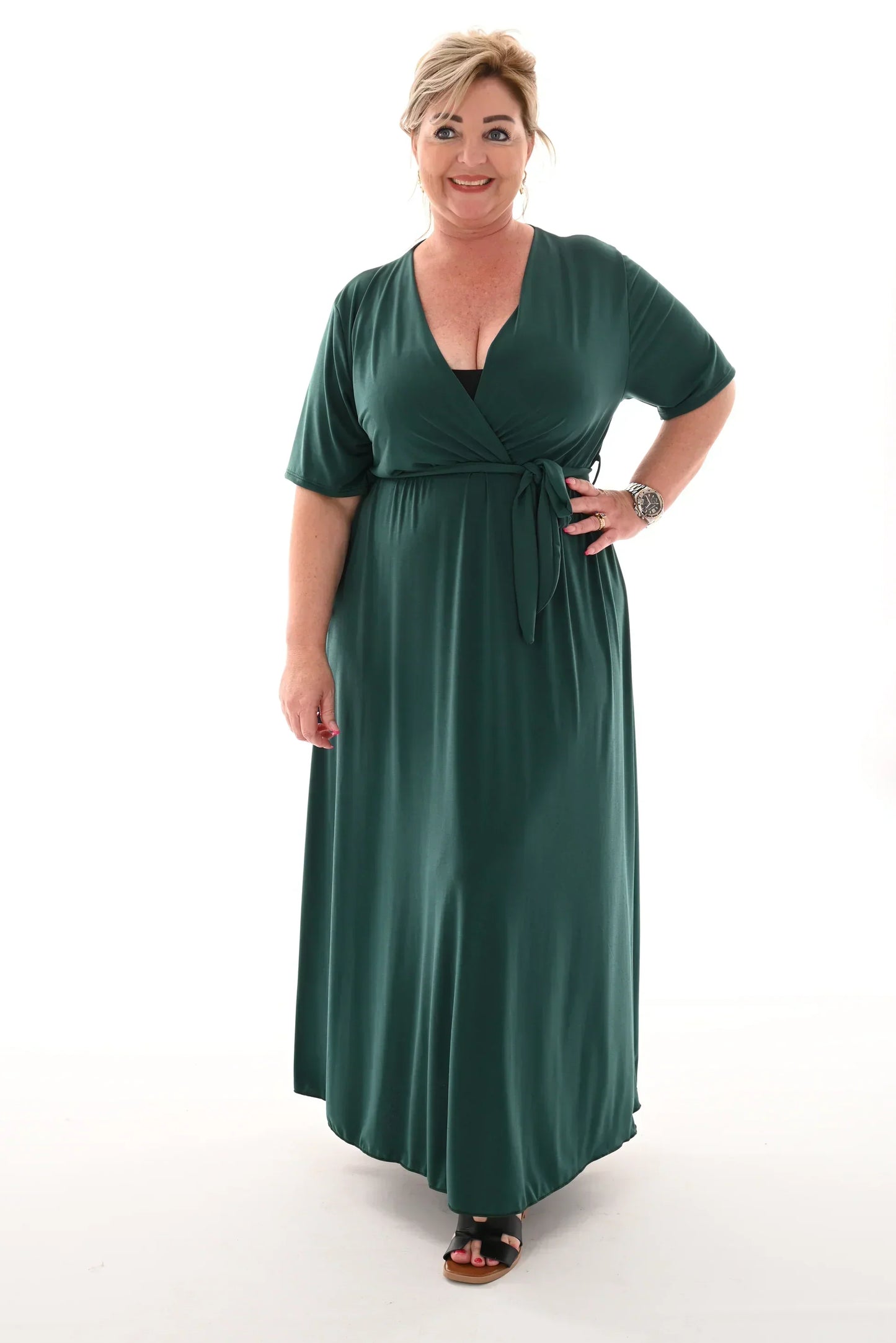 Wrap V-Neck Short Sleeve Self-Tie Belt Flowy A-Line Maxi Dress