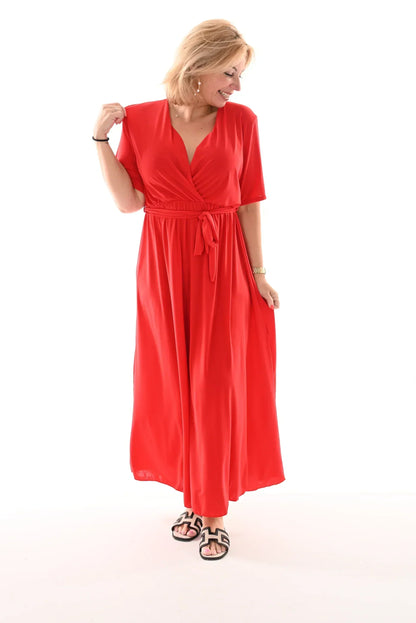 Wrap V-Neck Short Sleeve Self-Tie Belt Flowy A-Line Maxi Dress